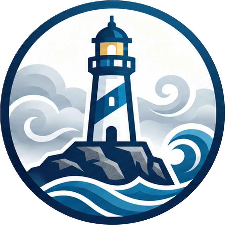 Logotipo de Faro Atlántica: un faro sobre las rocas entre olas y niebla